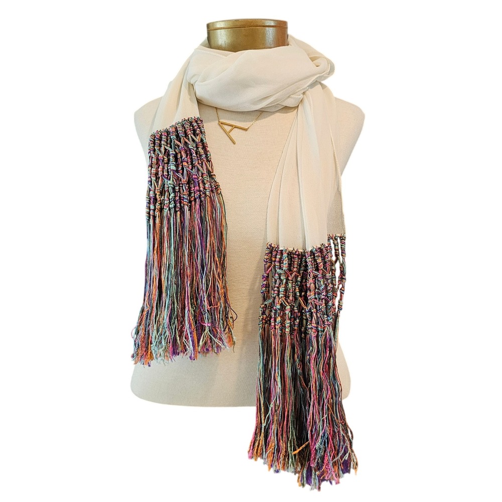 Cream Sheer Scarf with Rainbow Macrame Hand Knotted Tassel Fringe Boho 96 Inch